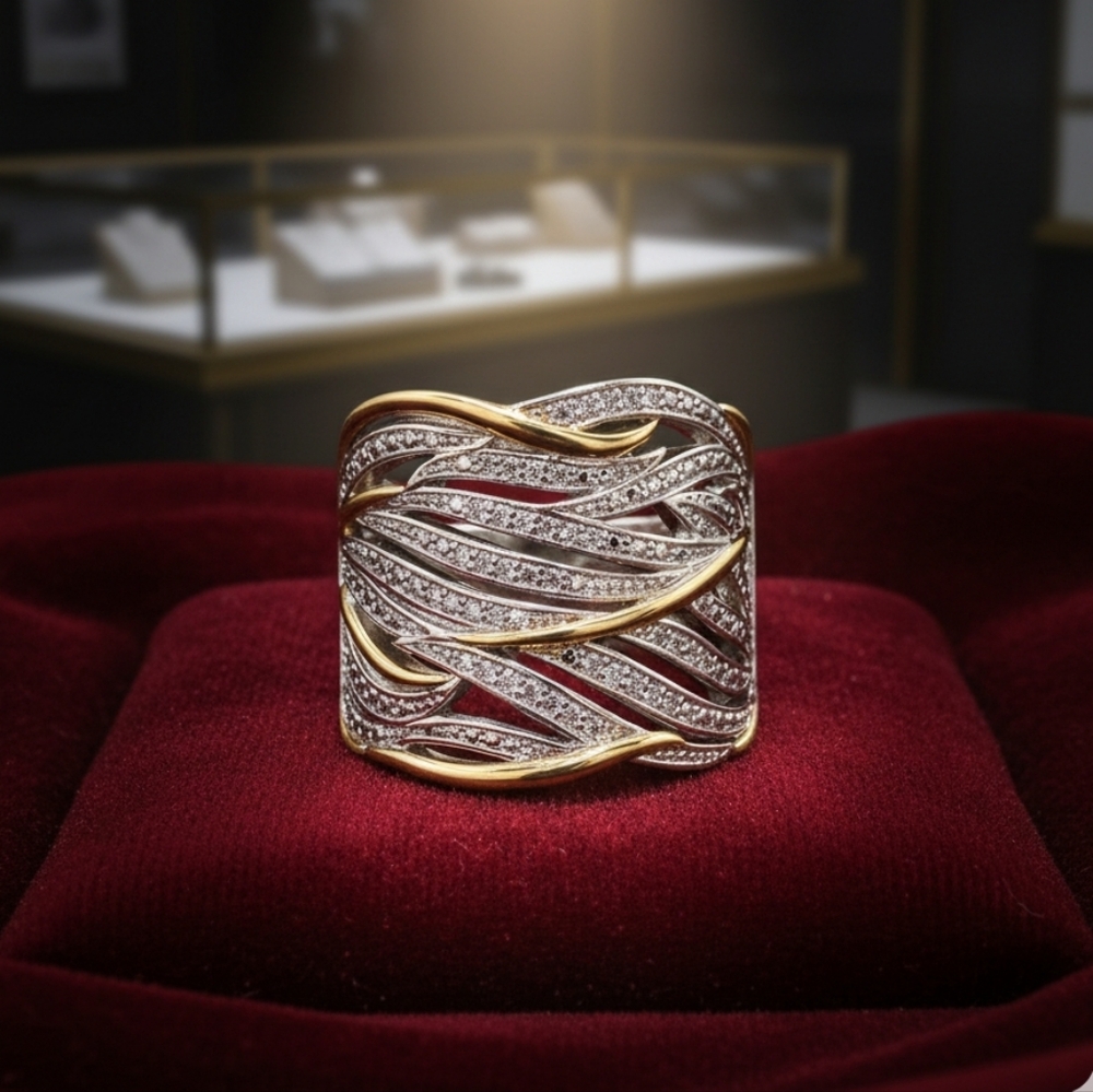 Luxurious Large Silver and Gold Interwoven Cocktail Ring